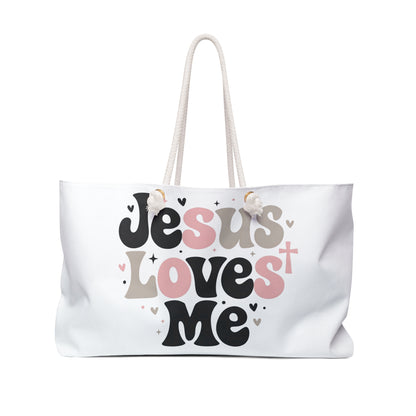 Jesus Loves Me Weekender Bag – Christian Travel Tote with Pink Retro Hearts