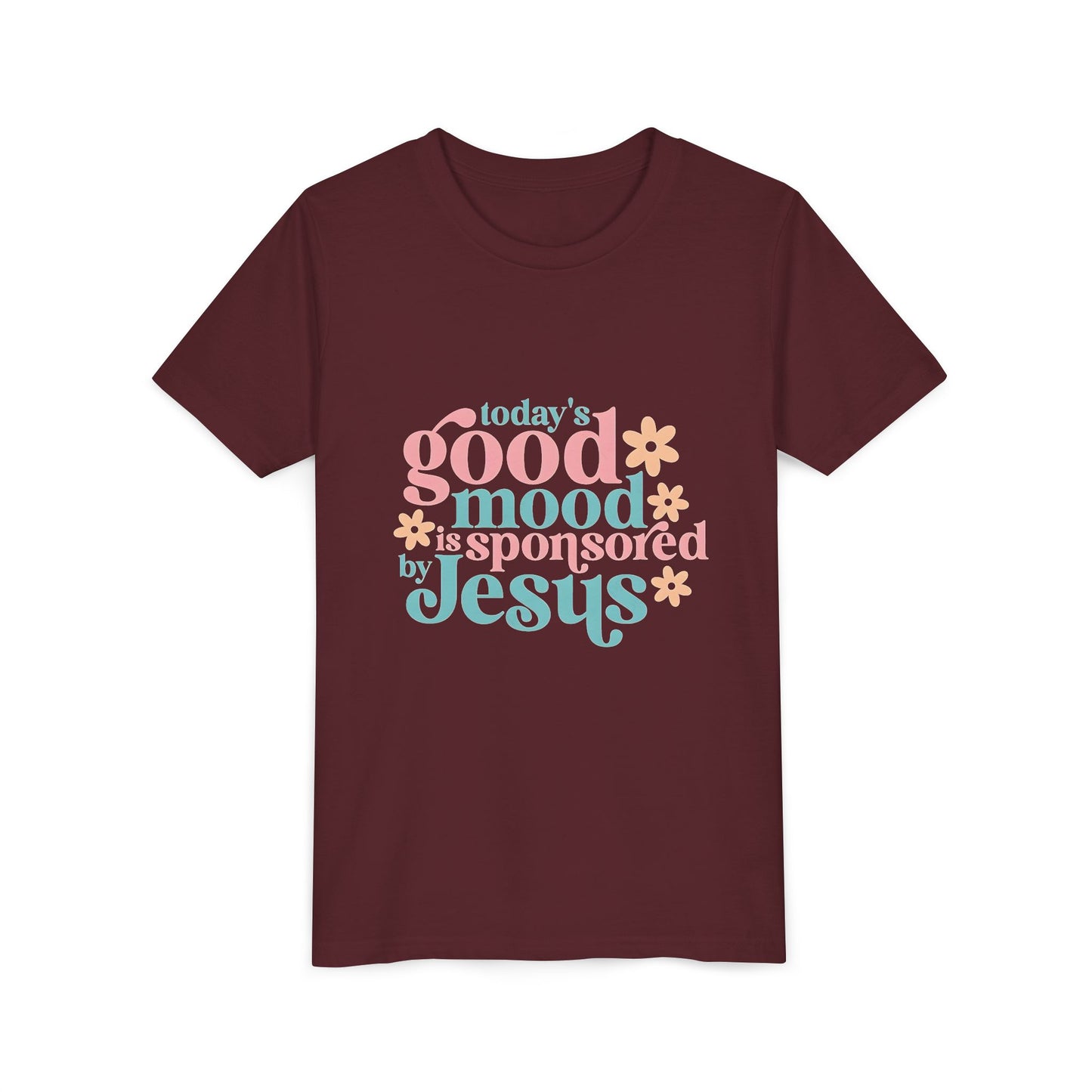 Youth Tee – "Today's Good Mood is Sponsored by Jesus" Retro Floral Christian Shirt