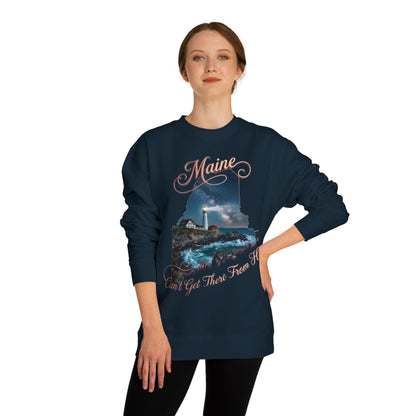 Maine Lighthouse Crewneck Sweatshirt — "Can't Get There From Here" Coastal Graphic
