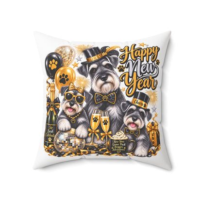 Happy New Year Schnauzer Pillow — Festive Gold Party Decorative Throw Pillow
