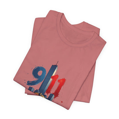 9/11 Firefighter Memorial Tee — Tribute T-Shirt with Helmet & Twin Towers Design