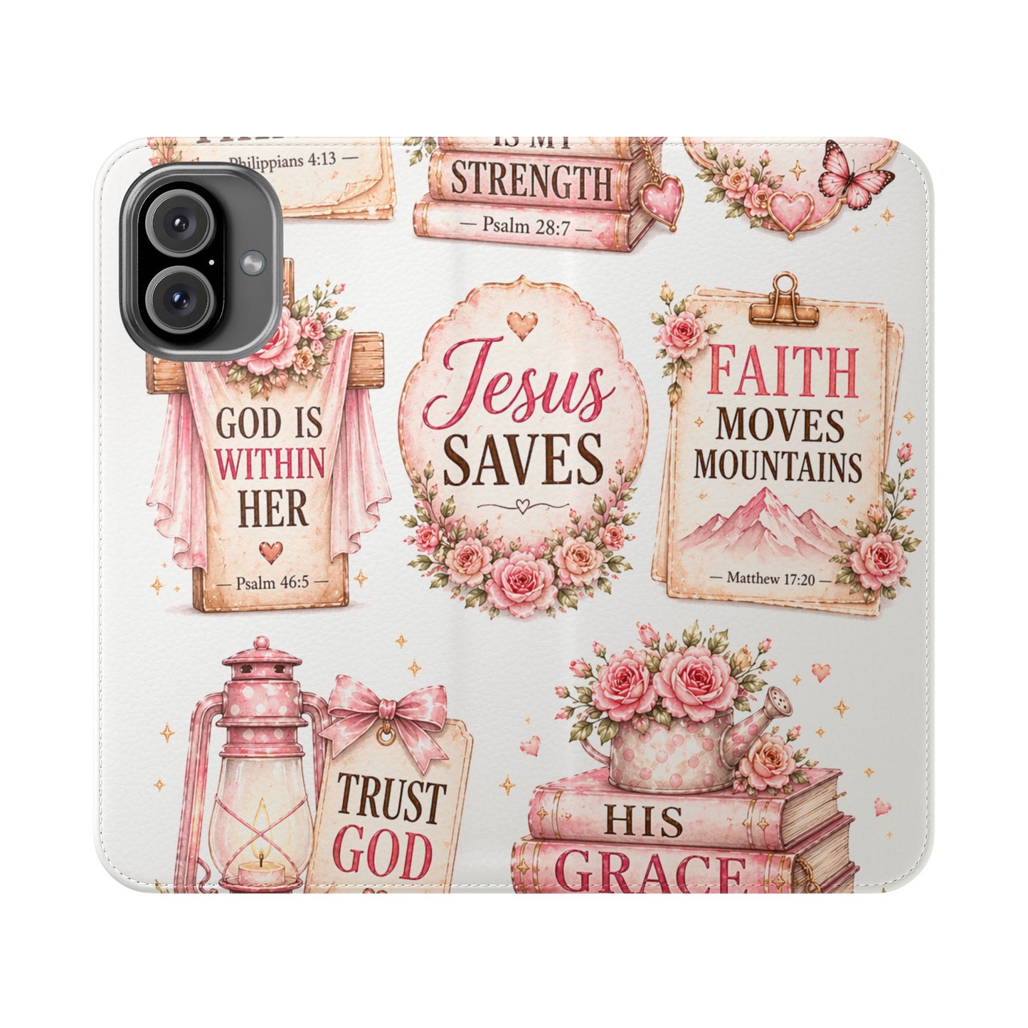 Christian Floral Phone Flip Case — "Jesus Saves" & Inspirational Scripture Wallet Cover