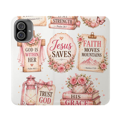 Christian Floral Phone Flip Case — "Jesus Saves" & Inspirational Scripture Wallet Cover