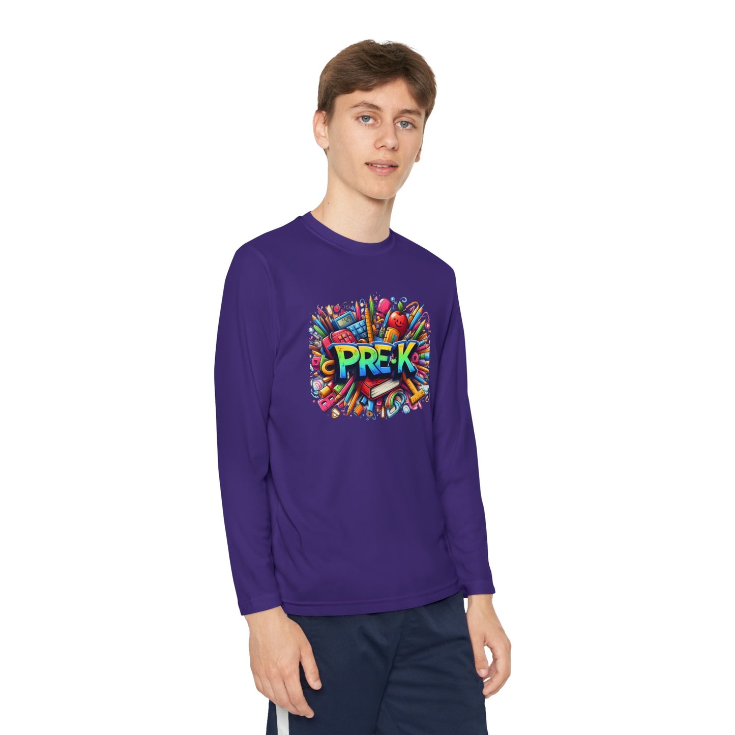 PRE-K Youth Long Sleeve Tee — Colorful School Supplies Design