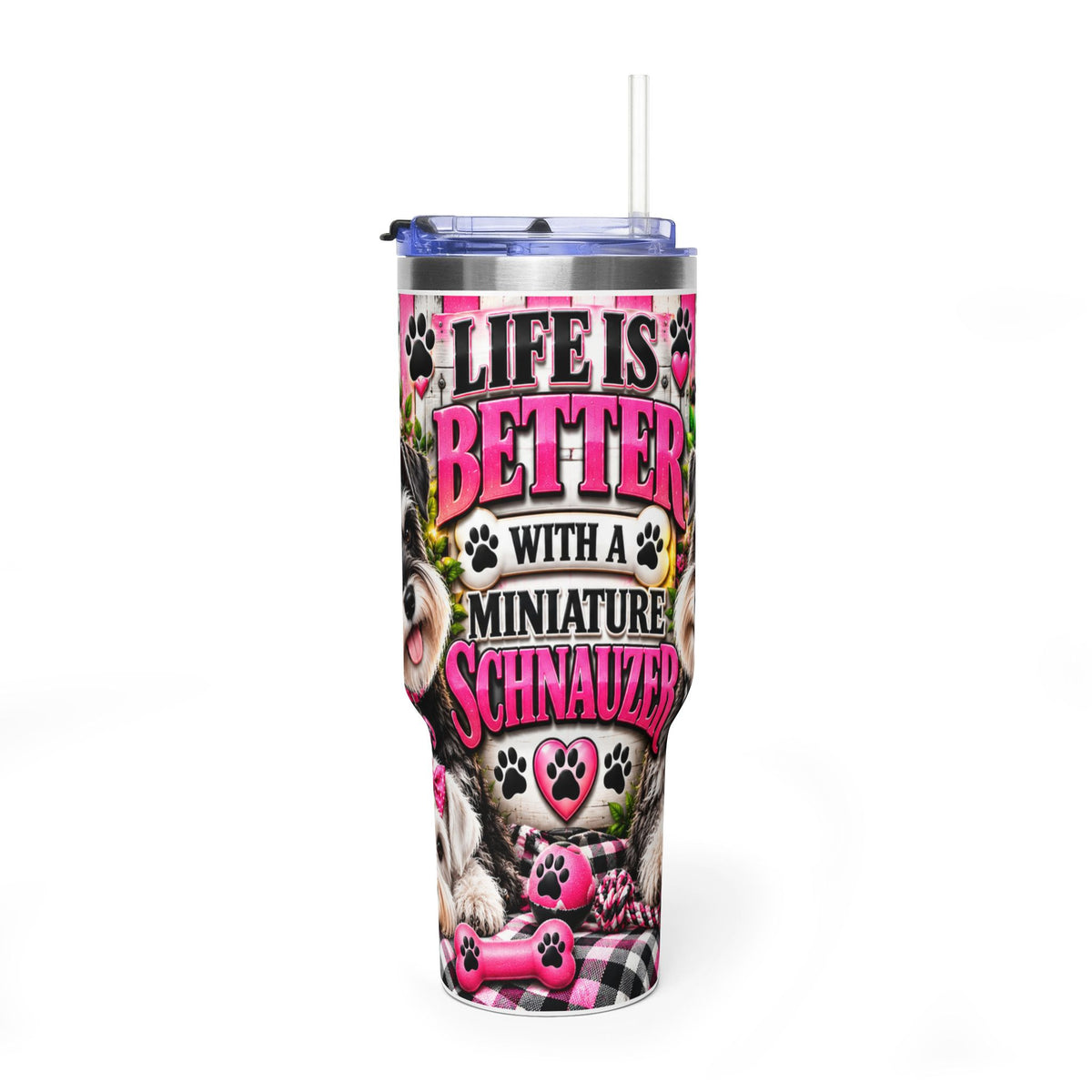 40oz Vacuum Tumbler — "Life Is Better With a Miniature Schnauzer" Floral Paw Print Design