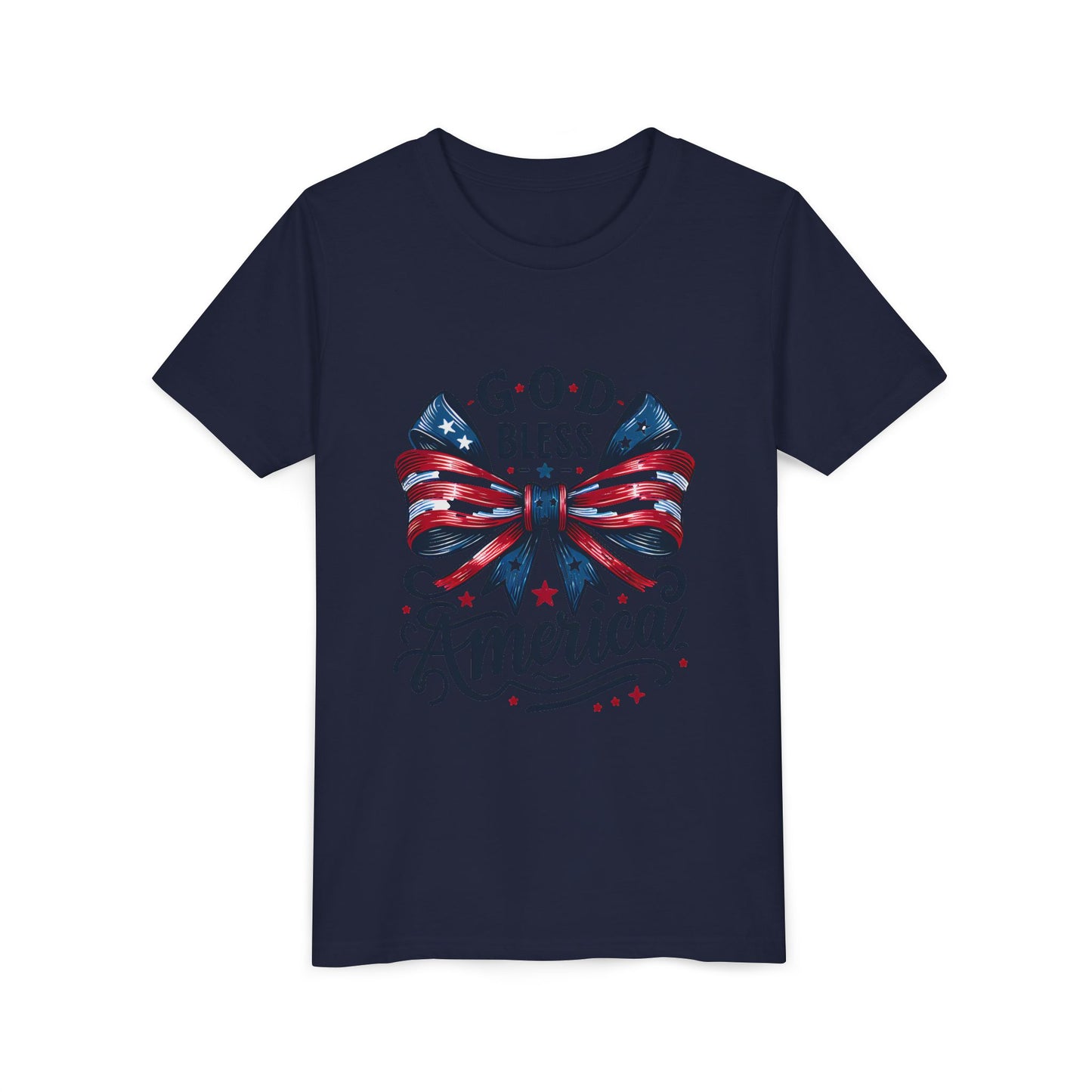Youth Tee — "God Bless America" Patriotic Bow T-Shirt (4th of July, Memorial Day)