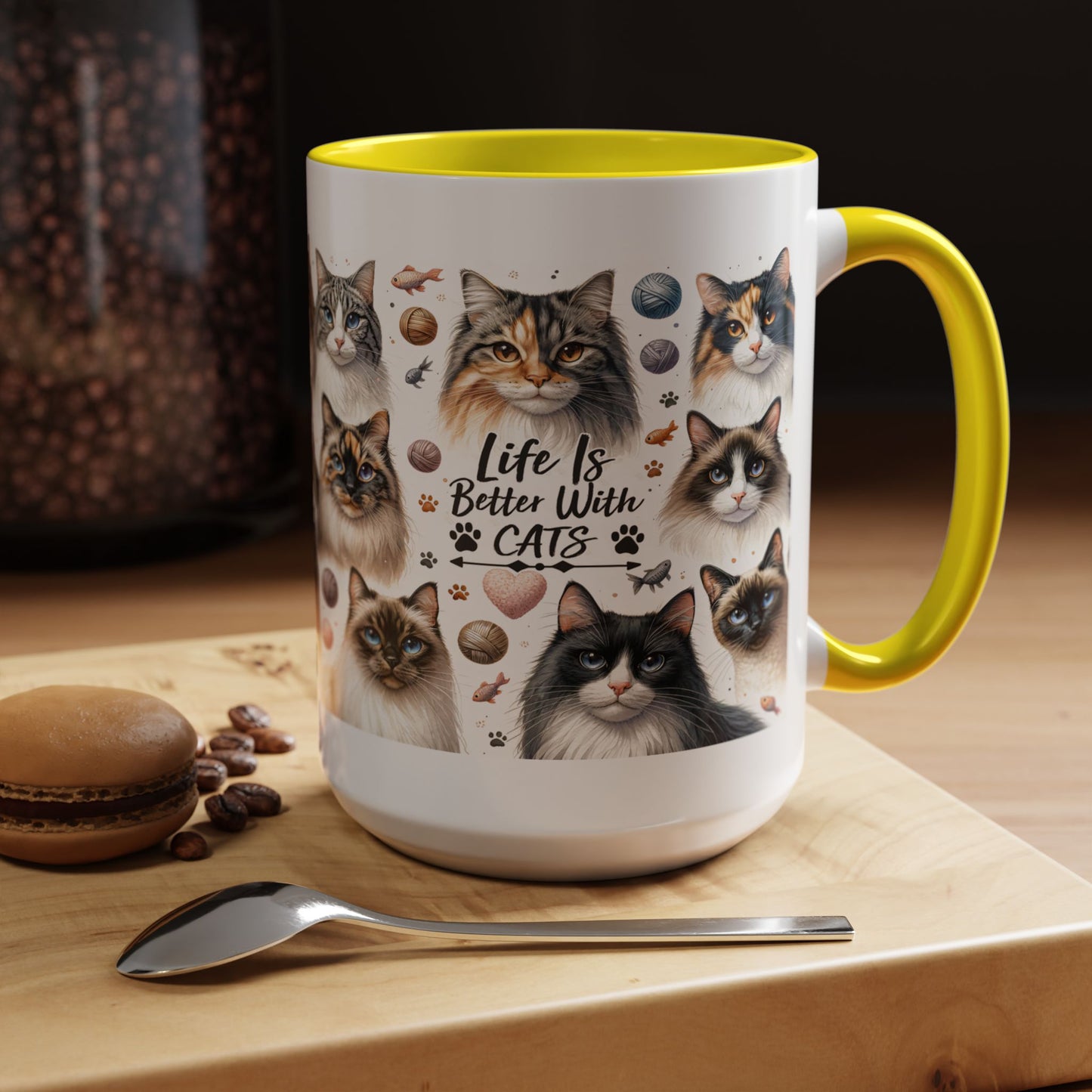 Life Is Better With Cats Accent Coffee Mug — Cat Lover Ceramic Mug (11/15oz)
