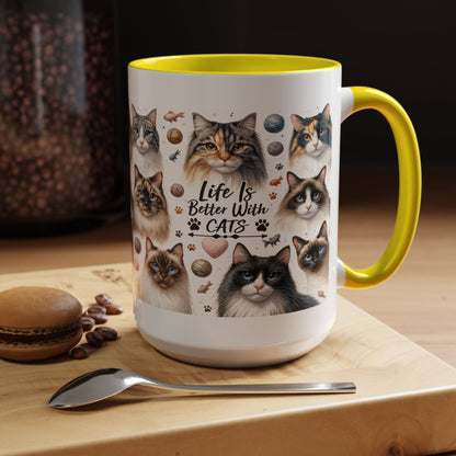 Life Is Better With Cats Accent Coffee Mug — Cat Lover Ceramic Mug (11/15oz)