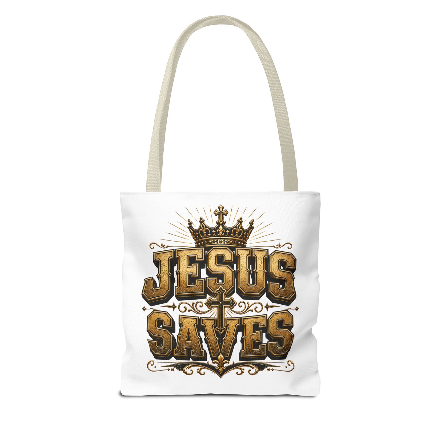 Jesus Saves Tote Bag — Christian Gospel Canvas Carryall with Crown & Cross Design