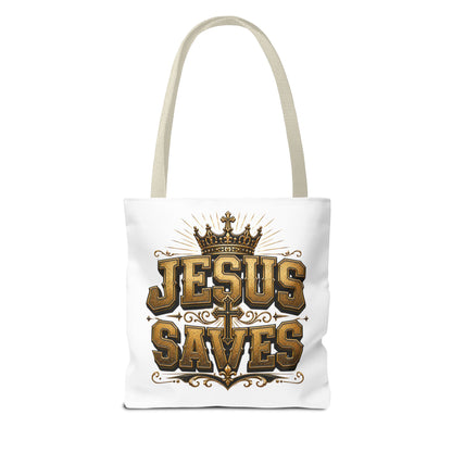 Jesus Saves Tote Bag — Christian Gospel Canvas Carryall with Crown & Cross Design
