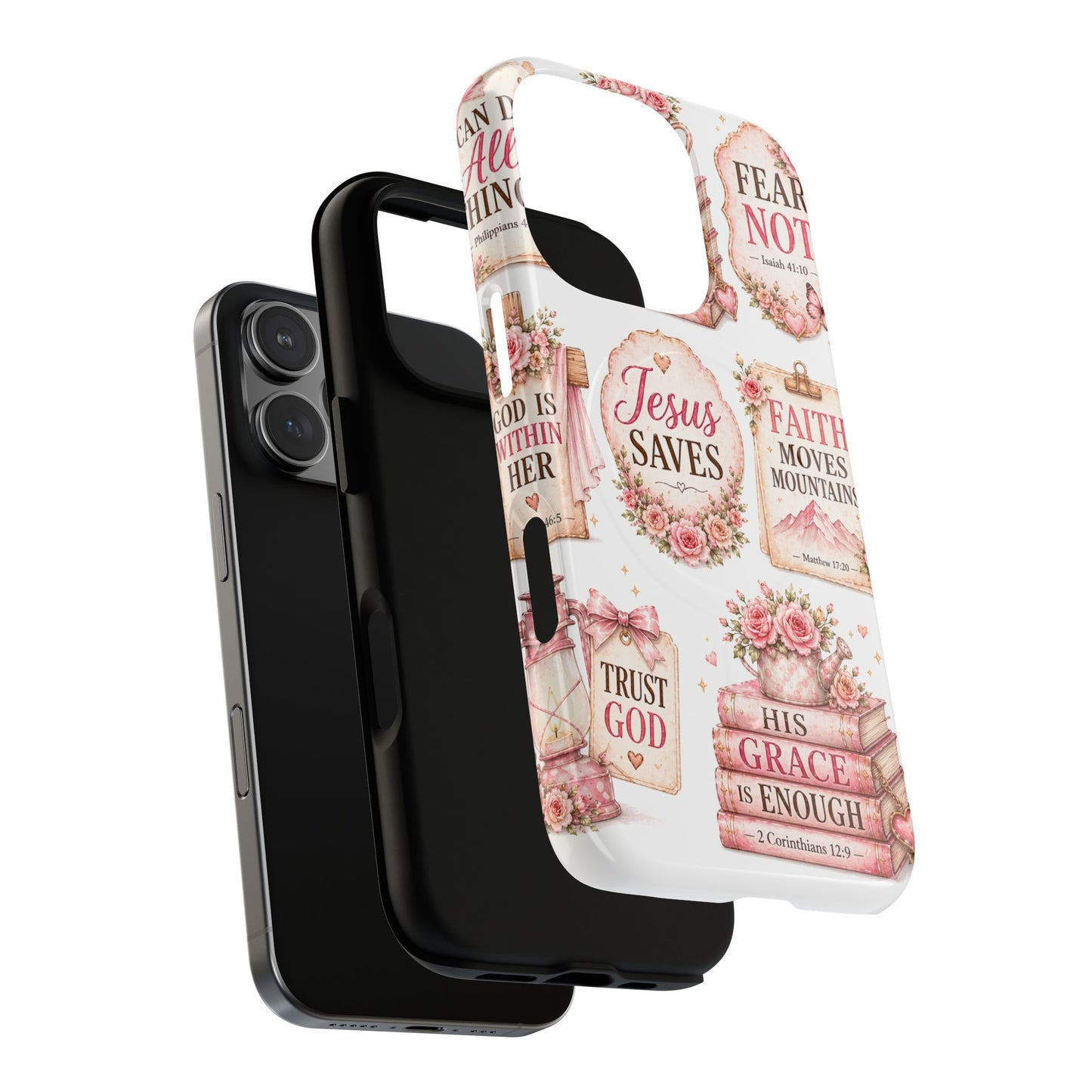 Christian Faith iPhone Tough Magnetic Case — 'Jesus Saves' Floral Scripture Design (Fear Not, Faith Moves Mountains)