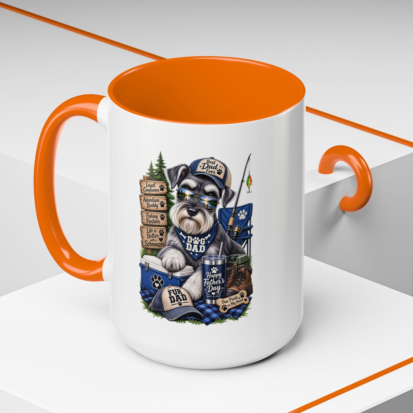 Schnauzer Dad Accent Coffee Mug – "Dog Dad" Camping Paw Print Design (11/15oz)