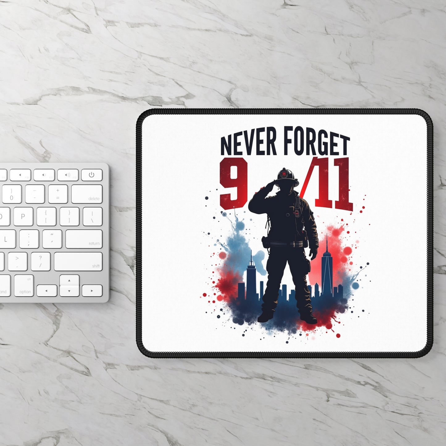 Never Forget 9/11 Remembrance Gaming Mouse Pad — Patriotic Firefighter Tribute