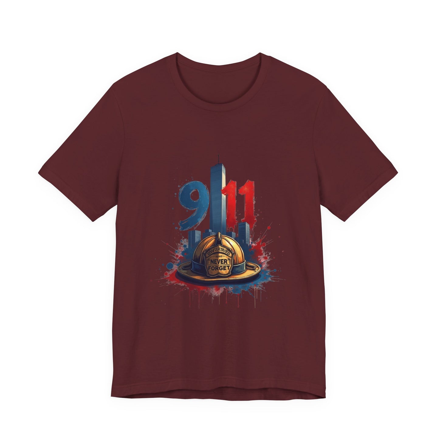9/11 Firefighter Memorial Tee — Tribute T-Shirt with Helmet & Twin Towers Design