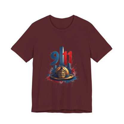 9/11 Firefighter Memorial Tee — Tribute T-Shirt with Helmet & Twin Towers Design