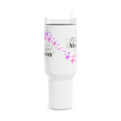 Blessed Mom 40oz Tumbler — Insulated Travel Mug with Pink Butterfly Design