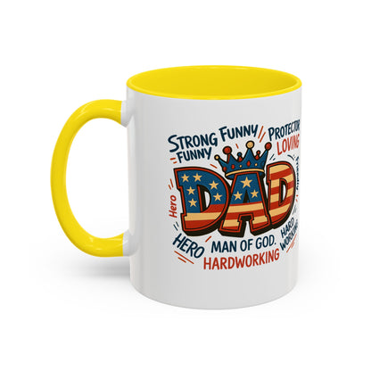 Dad Coffee Mug — Patriotic "DAD" Design with Loving, Hardworking, Protector Keywords (11/15oz Accent Mug)