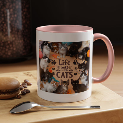Cat Lover Accent Coffee Mug — “Life Is Better With Cats” 11/15oz
