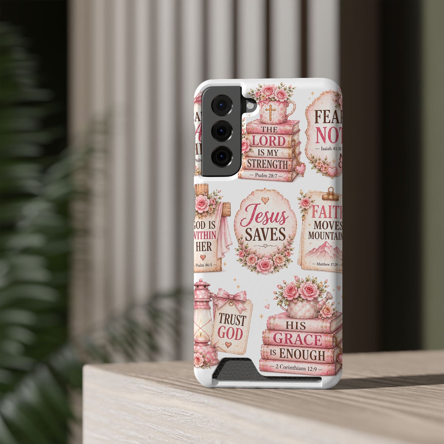 Christian Phone Case with Card Holder — 'Jesus Saves' Floral Scripture Design