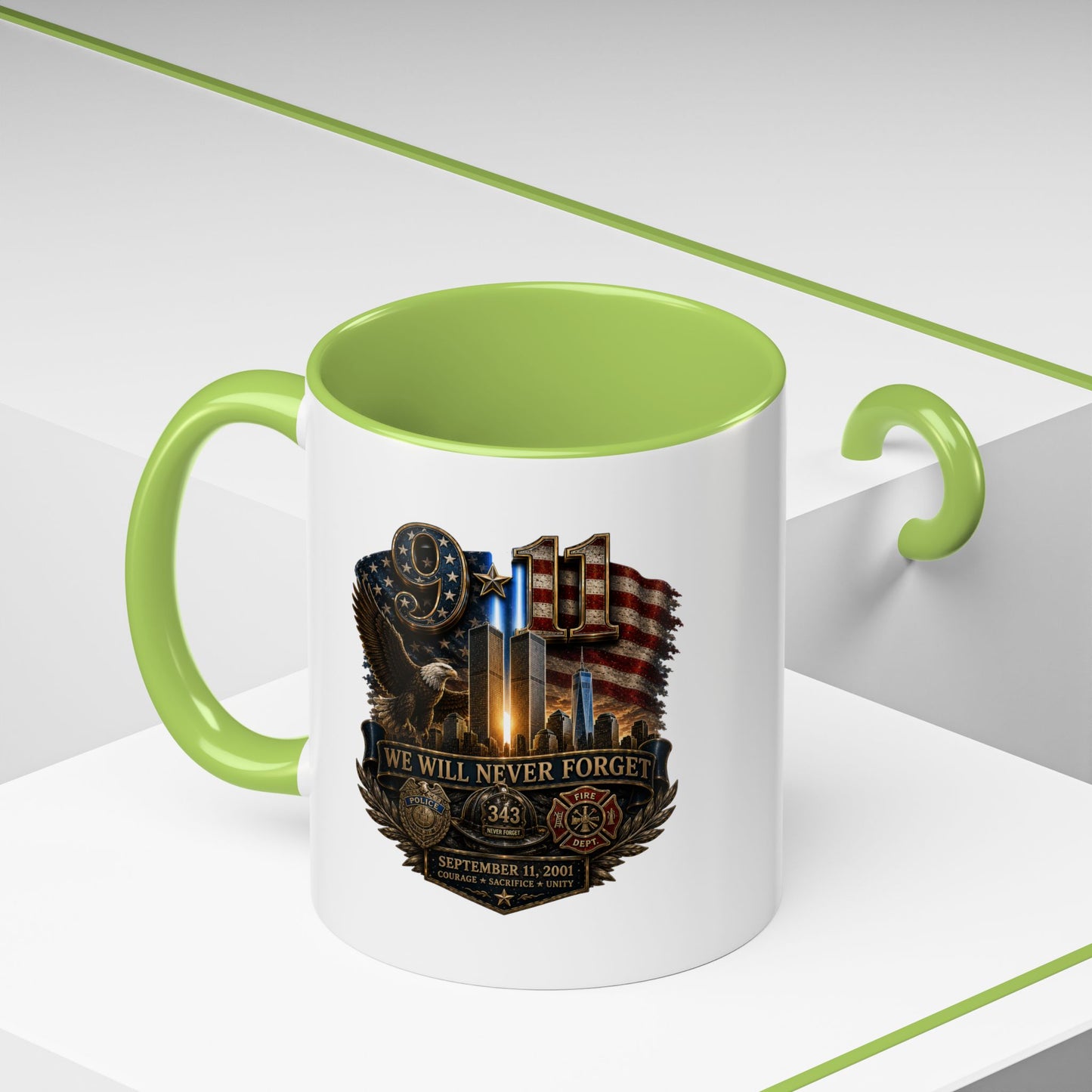 We Will Never Forget 9/11 Memorial Coffee Mug — Patriotic Tribute Accent Mug