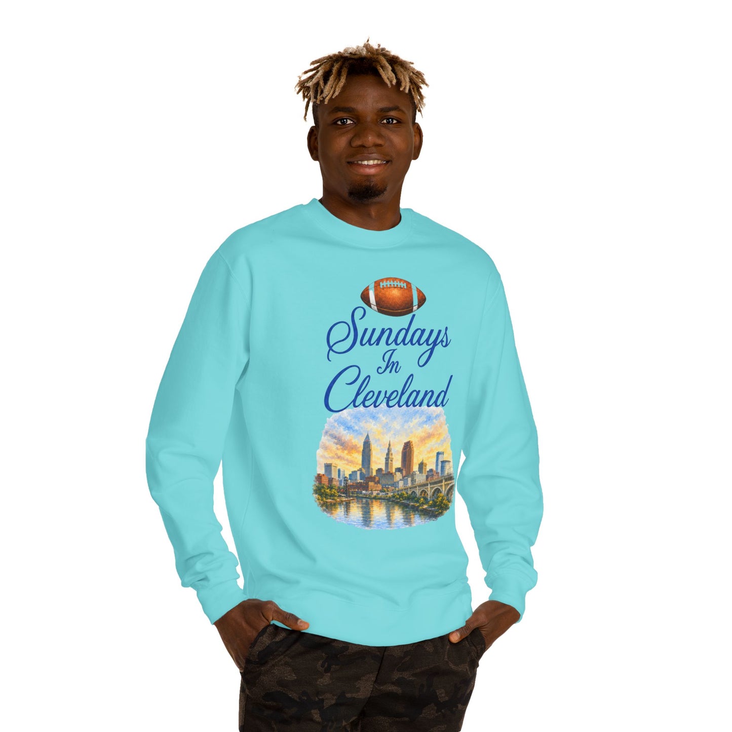 Sundays in Cleveland Football Crewneck Sweatshirt — Cleveland Skyline Game Day Pullover