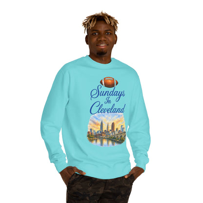 Sundays in Cleveland Football Crewneck Sweatshirt — Cleveland Skyline Game Day Pullover
