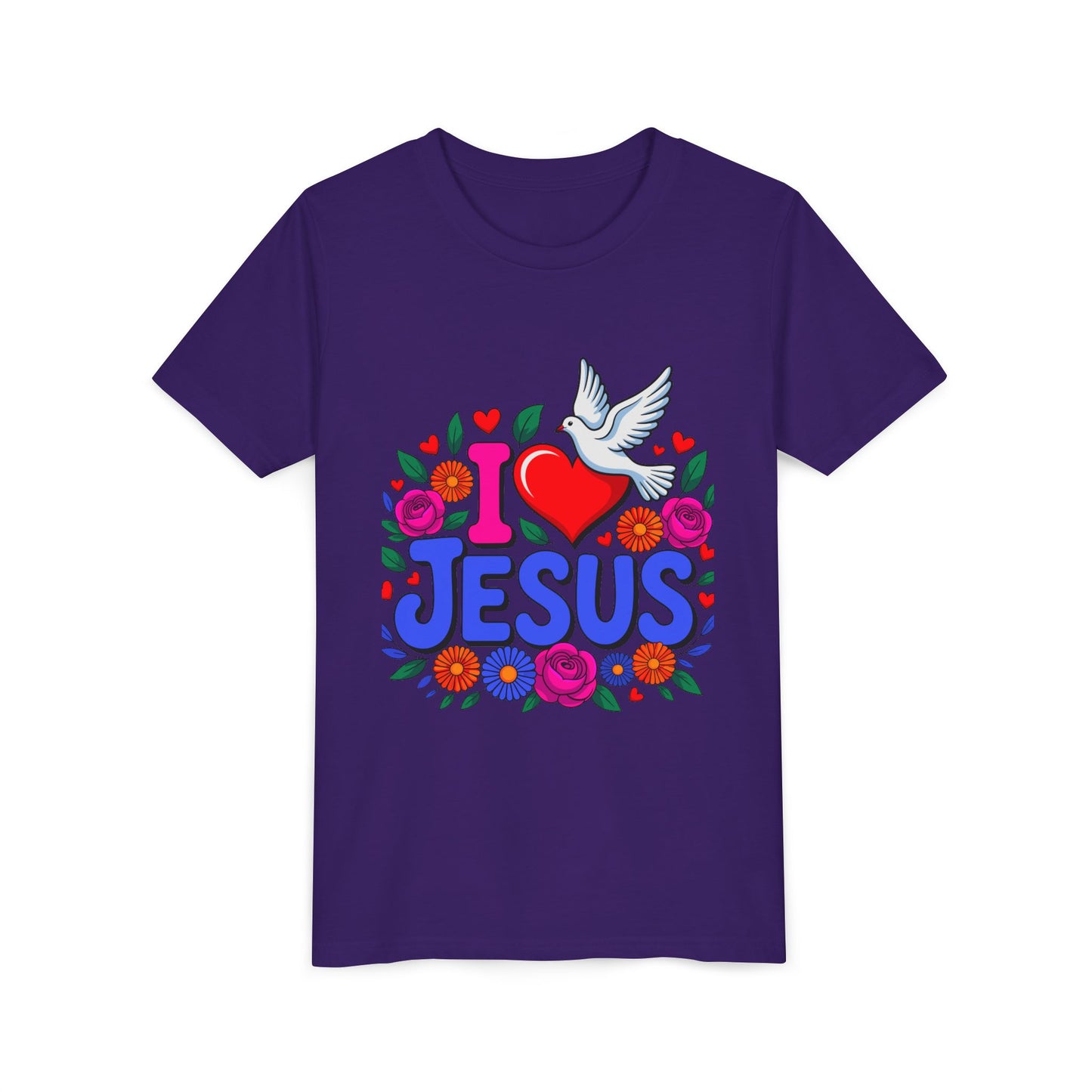 Youth Tee — "I  Jesus" Colorful Dove & Floral Christian Shirt
