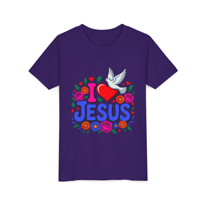 Youth Tee — "I  Jesus" Colorful Dove & Floral Christian Shirt