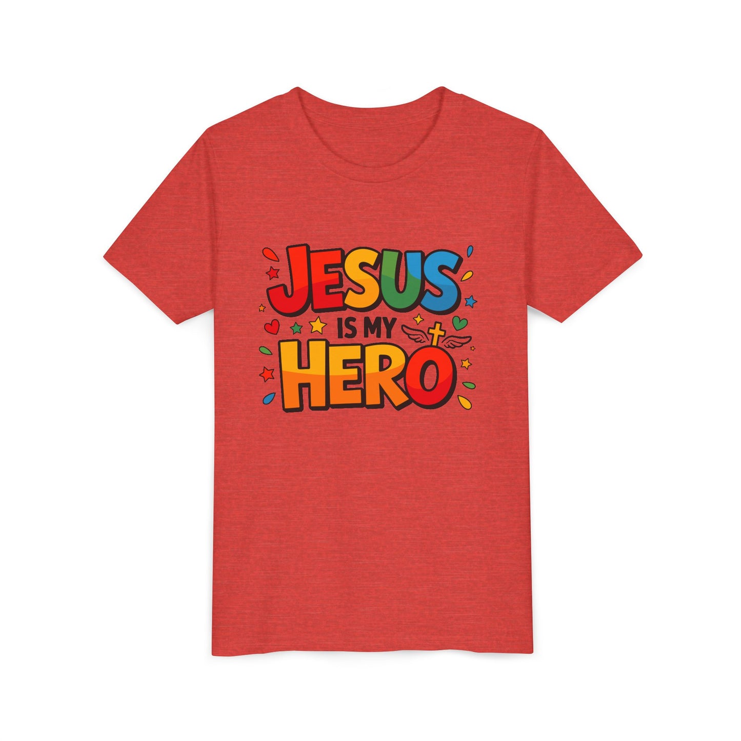 Youth Tee — "Jesus Is My Hero" Colorful Kids Christian T-Shirt