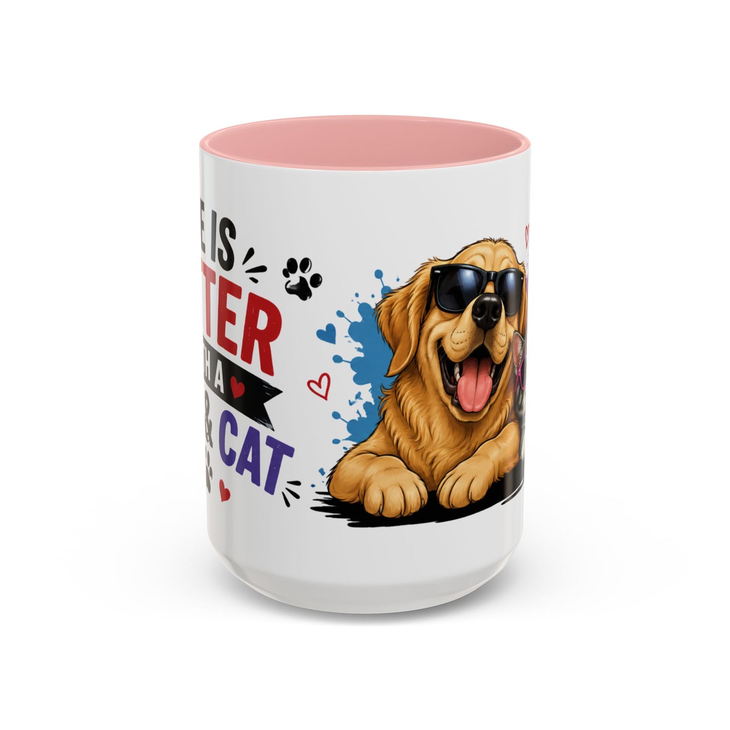 Dog and Cat Coffee Mug – "Life is Better with a Cat" Accent Ceramic Mug
