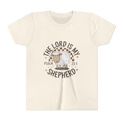 Youth Tee — "The Lord Is My Shepherd" Psalm 23:1 Christian Kids T‑Shirt (Sheep Design)