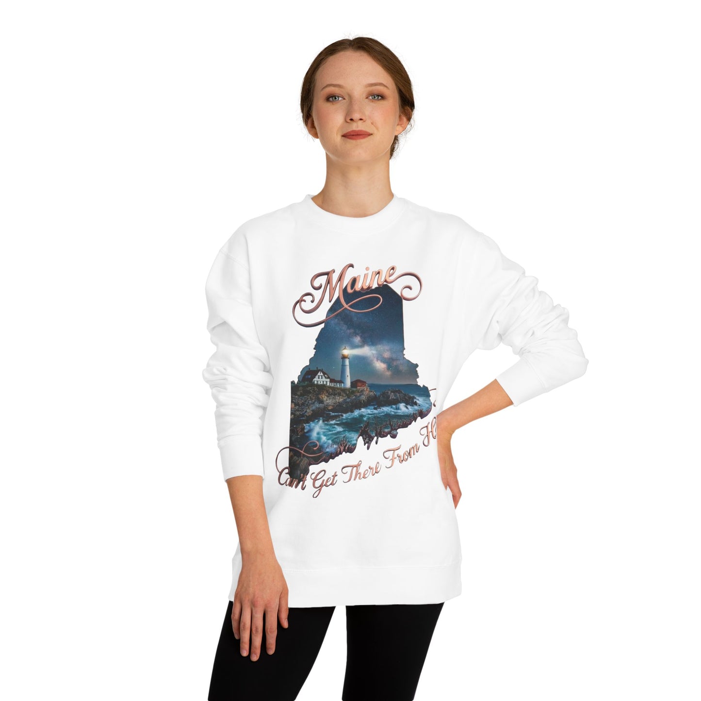 Maine Lighthouse Crewneck Sweatshirt — "Can't Get There From Here" Coastal Graphic