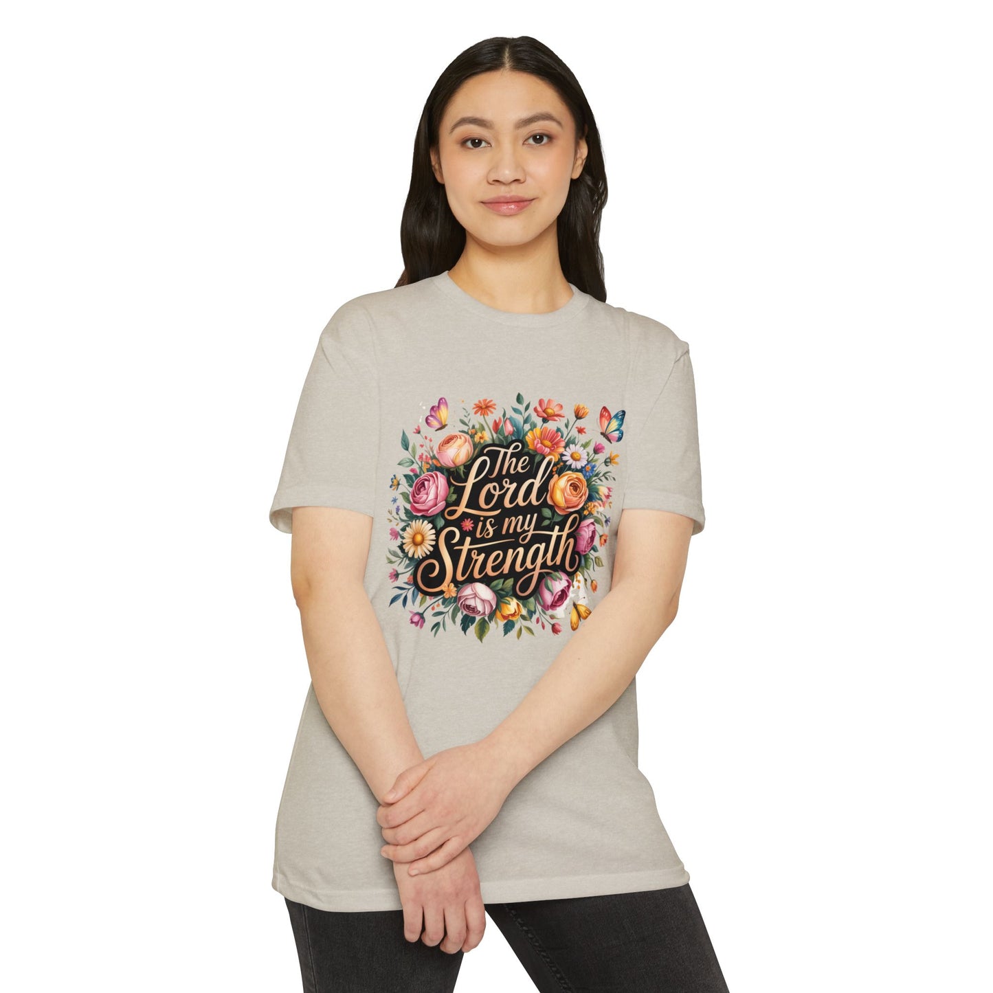 Christian T-Shirt — "The Lord Is My Strength" Floral Faith Tee