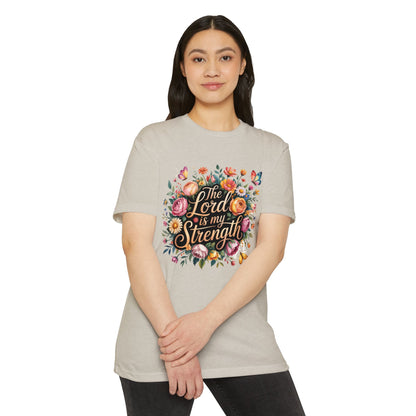 Christian T-Shirt — "The Lord Is My Strength" Floral Faith Tee