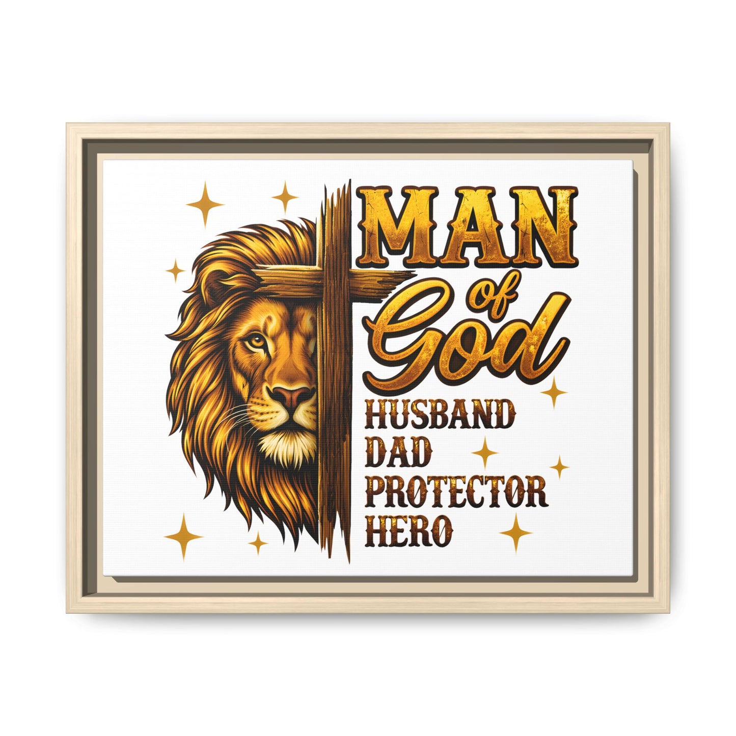 Man of God Framed Canvas Art — 'Man of God: Husband, Dad, Protector, Hero' Religious Wall Decor