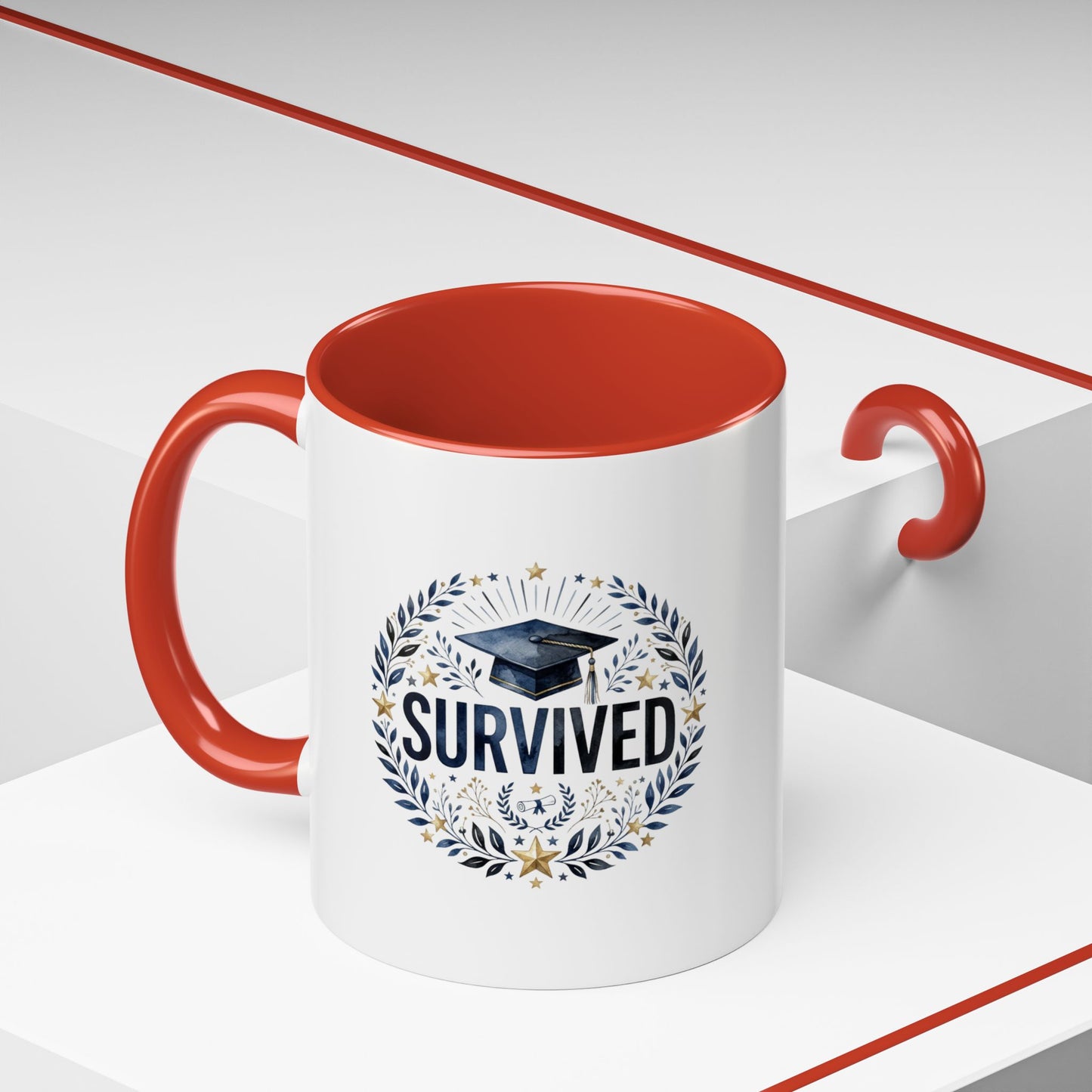 Survived Graduation Coffee Mug — Floral Laurel Grad Cap Accent Mug (11/15oz)
