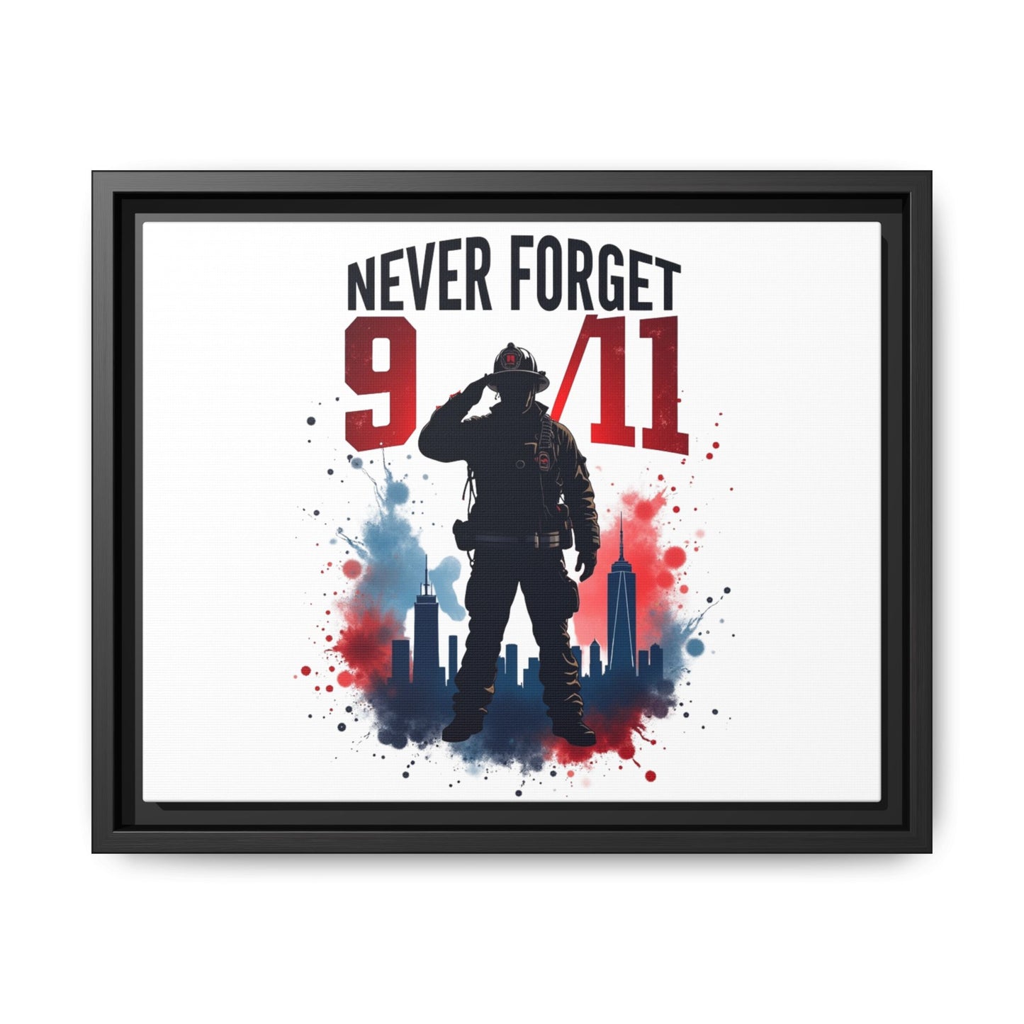 Never Forget 9/11 Framed Canvas Print — Patriotic Firefighter Memorial Art