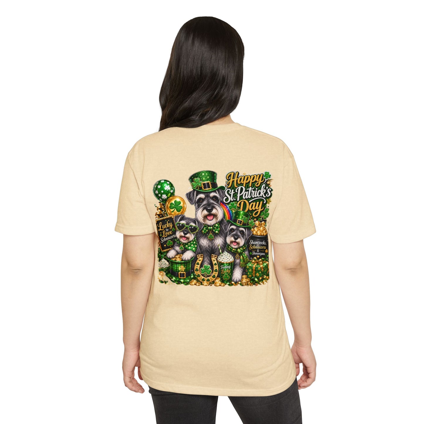 St. Patrick's Day Schnauzer T-Shirt — "Happy St. Patrick's Day" Lucky Dogs Tee