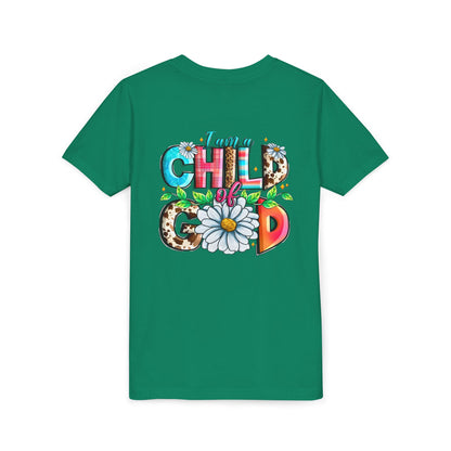Youth Tee — "I Am a Child of God" Floral Christian Graphic