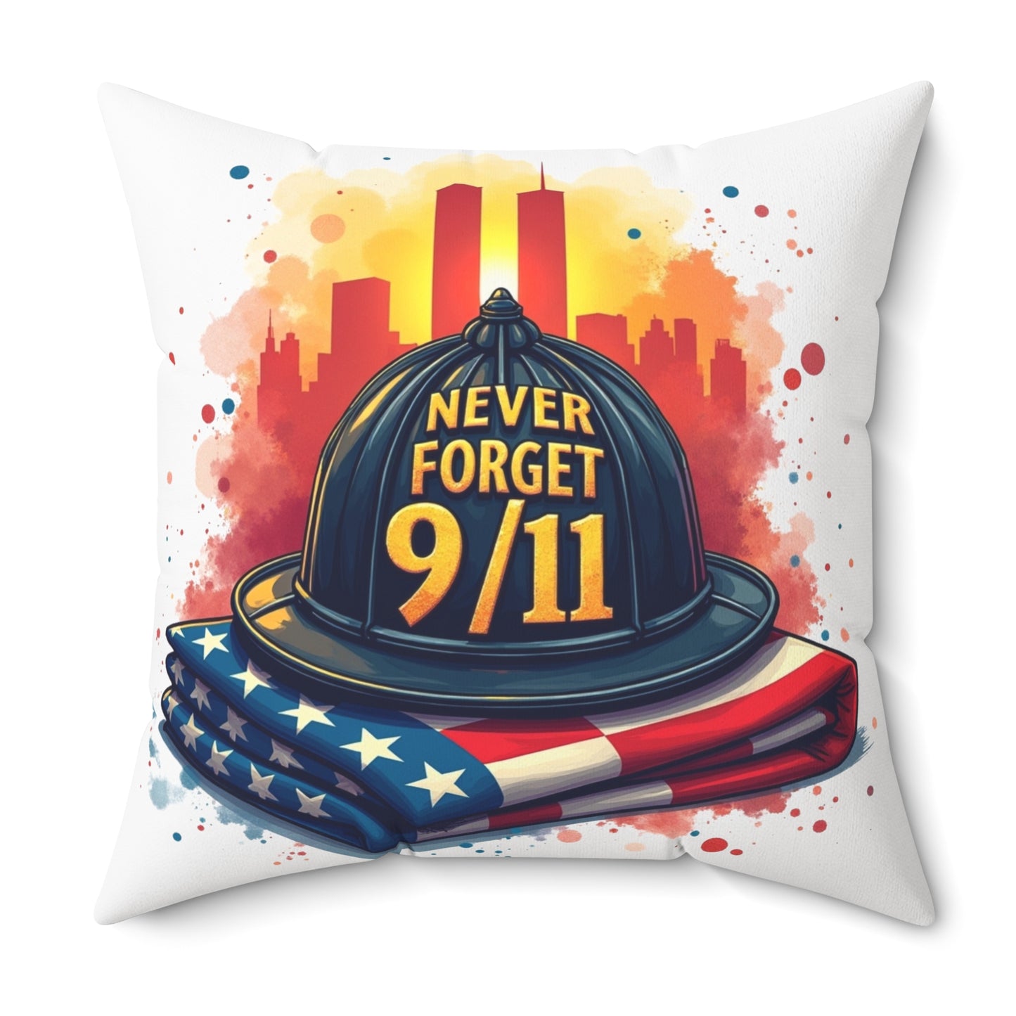 Never Forget 9/11 Memorial Throw Pillow — Firefighter Helmet & American Flag