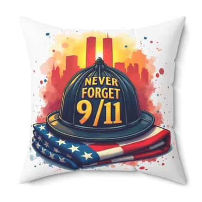 Never Forget 9/11 Memorial Throw Pillow — Firefighter Helmet & American Flag