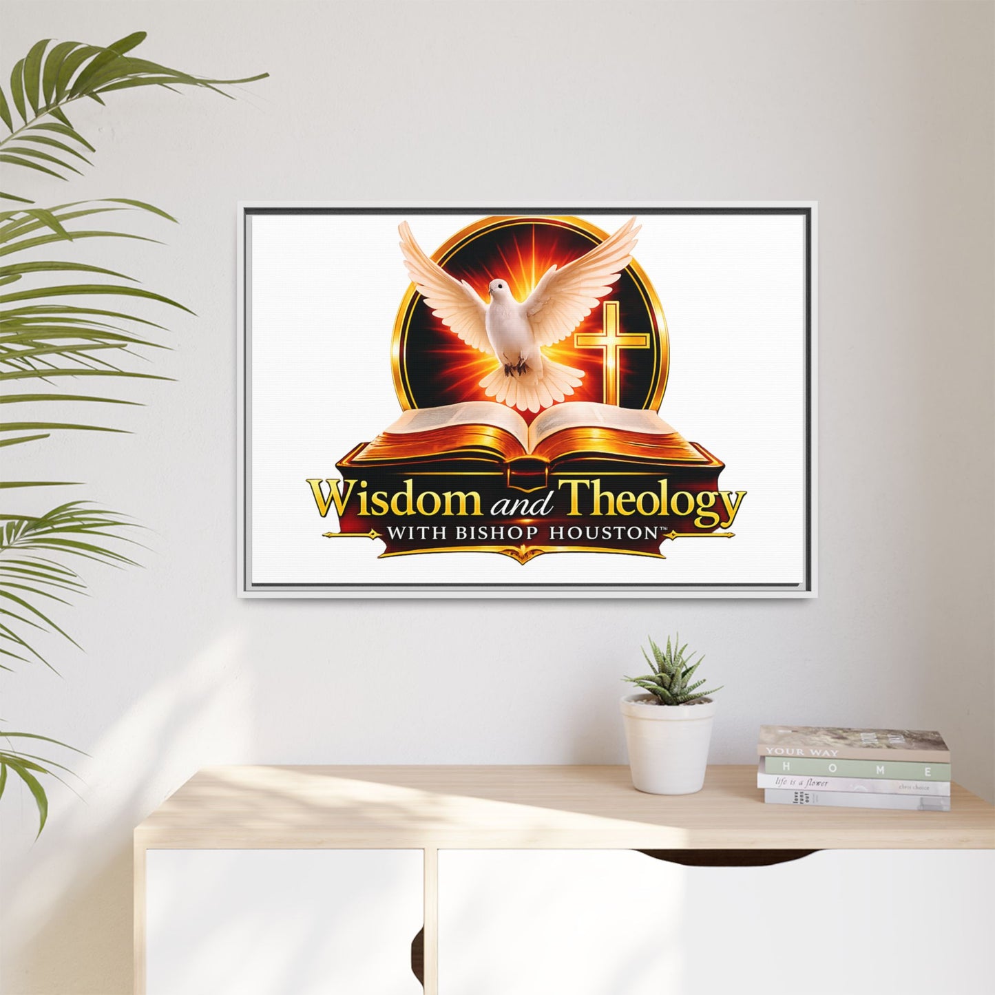 Framed Canvas Print — "Wisdom and Theology" Dove & Bible Wall Art