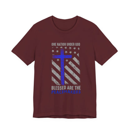Blessed Are the Peacemakers T‑Shirt — Thin Blue Line Cross, "One Nation Under God" Patriotic Police Tee