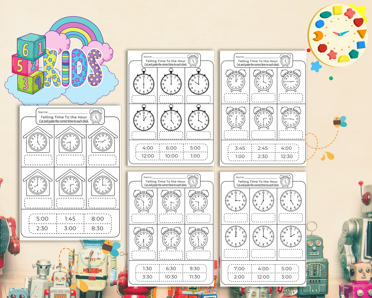 Telling Time Clock Worksheet | Printable Time Learning Exercises for Kids & Beginners