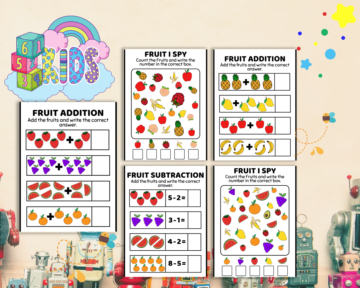 Fruit Math Worksheet for Kindergarten | Printable Counting & Addition Activities with Fun Fruit Theme