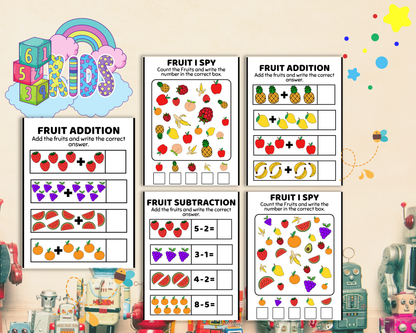 Fruit Math Worksheet for Kindergarten | Printable Counting & Addition Activities with Fun Fruit Theme