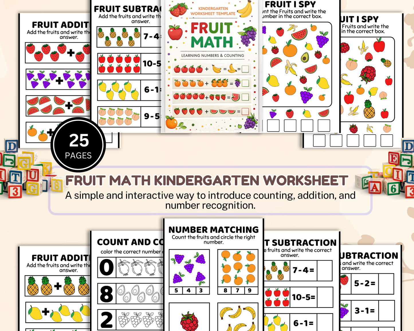 Fruit Math Worksheet for Kindergarten | Printable Counting & Addition Activities with Fun Fruit Theme