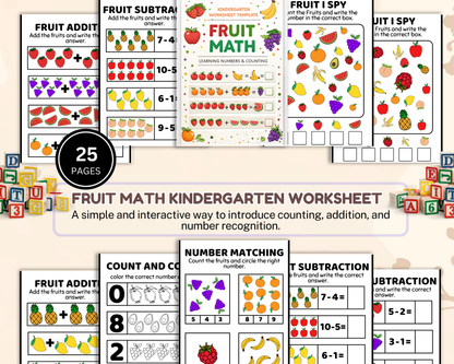 Fruit Math Worksheet for Kindergarten | Printable Counting & Addition Activities with Fun Fruit Theme