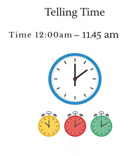 Telling Time (12:00 am – 11:45 am)