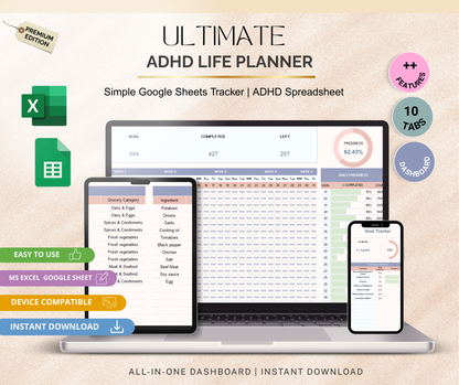 ADHD Life Planner Spreadsheet | Focus & Productivity Google Sheets Daily Task Tracker